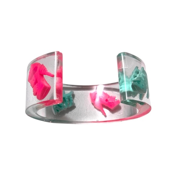 Clear Resin Cuff Bracelet with Pink and Teal Barbie Heel Charms - Picture 2 of 4